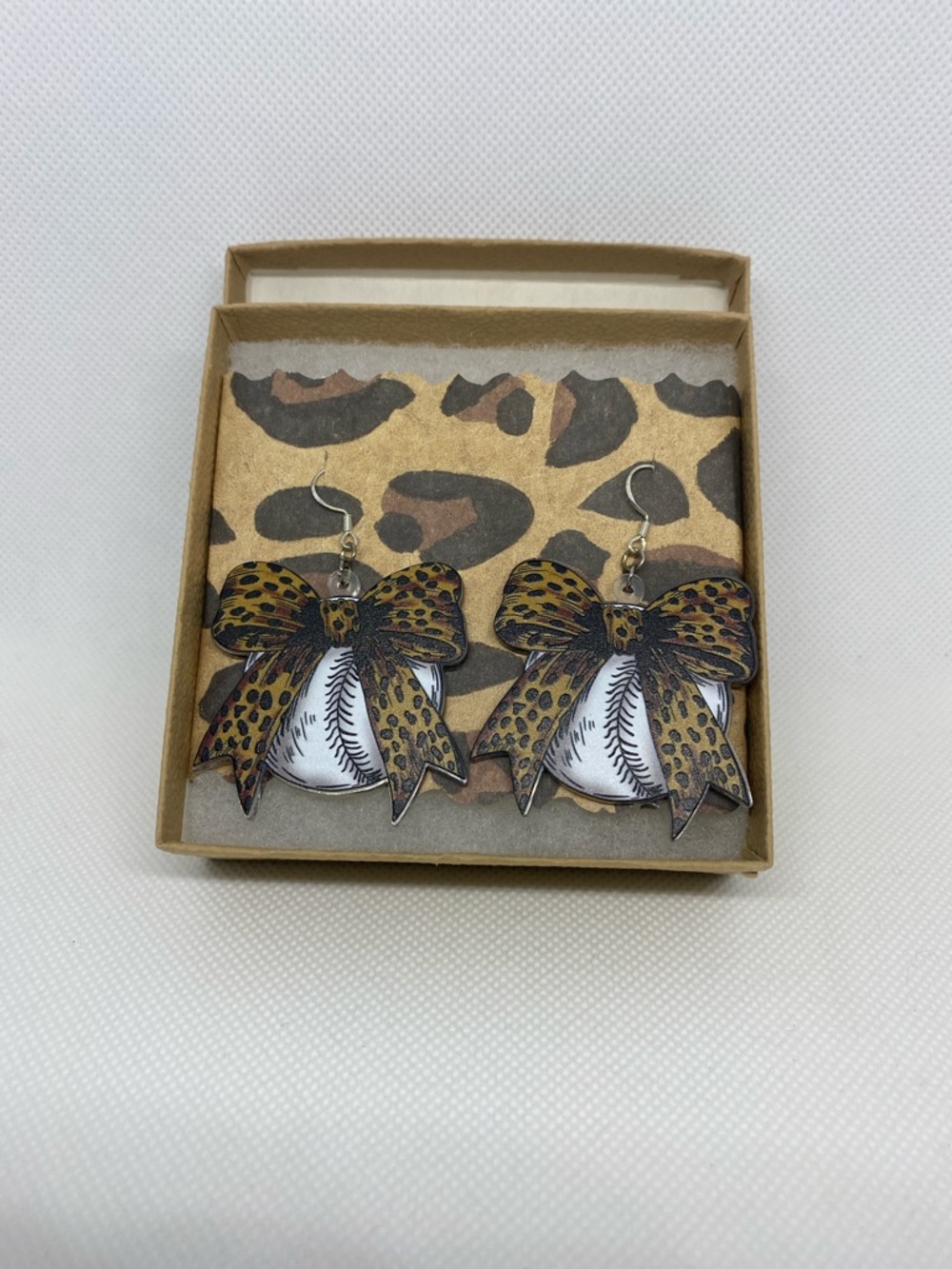Leopard Baseball Bow Drop Earrings - Brown